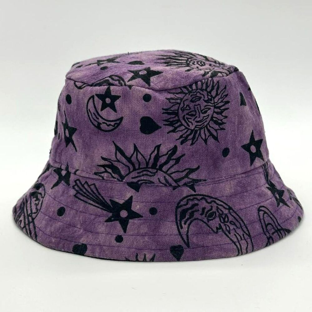 Purple Celestial Bucket Hat Black Denim Sun Moon Star Pattern One Size Retro 90s